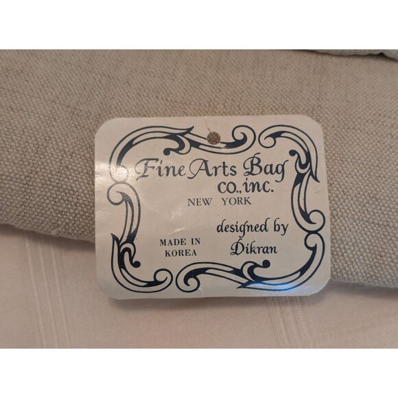 Vntg Fine Arts Bag Co Beige Linen & Wood Bead Purse Tote Zips Close Dual Handles - Picture 2 of 13